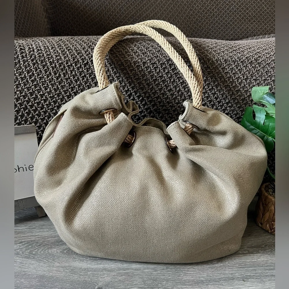 Michael Kors Marina Gathered Drawstring Gold Metallic Shimmer Hobo Shoulder Bag.